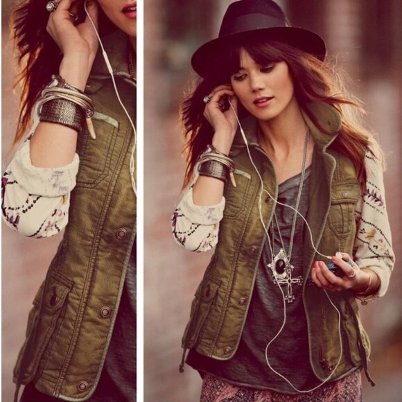 Free People Follow Your Heart Utility Jacket Brown Printed Sleeves Size L - Picture 5 of 10